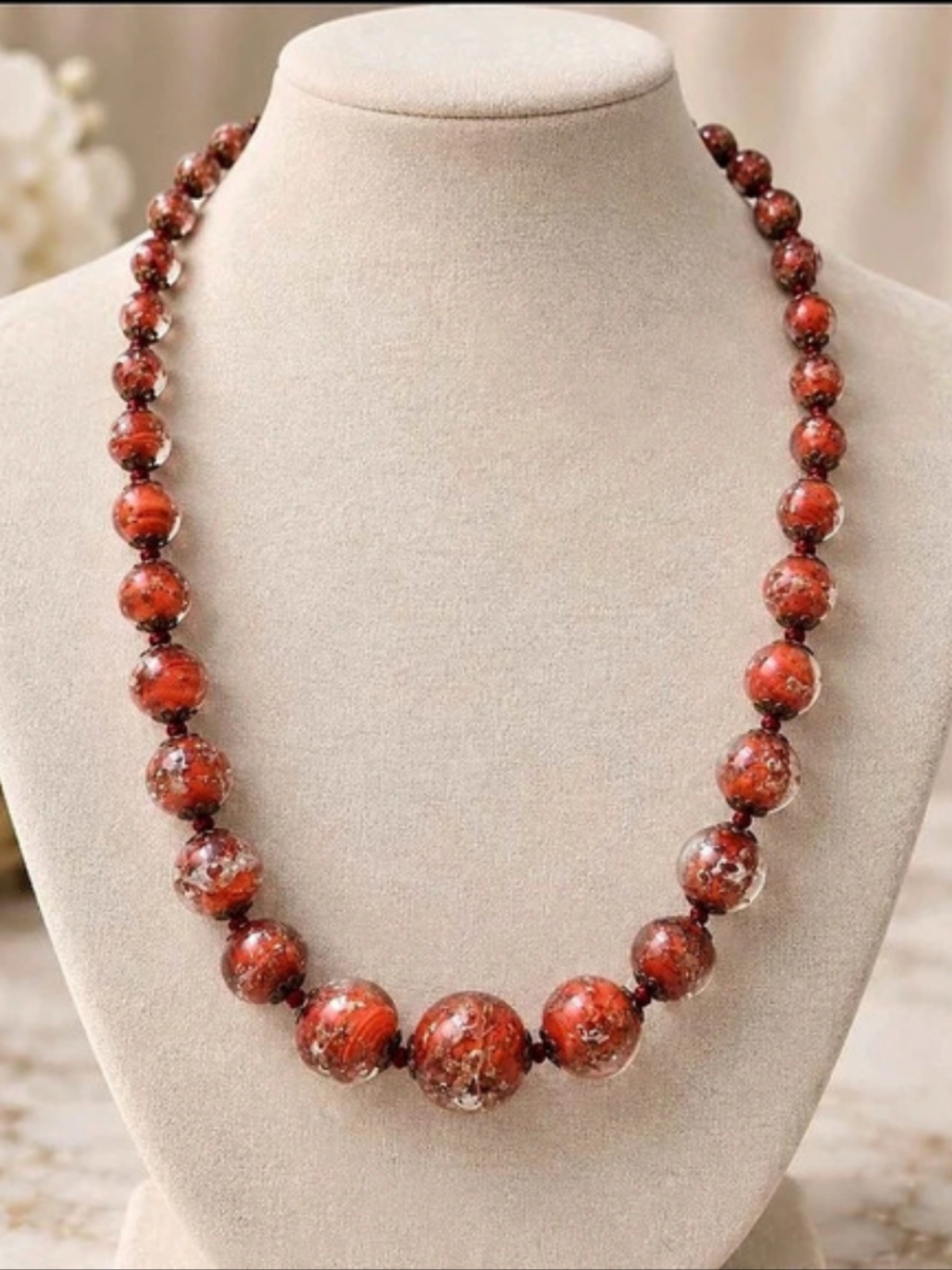 Authentic Murano Glass Bead Necklace 20" Orange Red Graduated Knotted Tagged